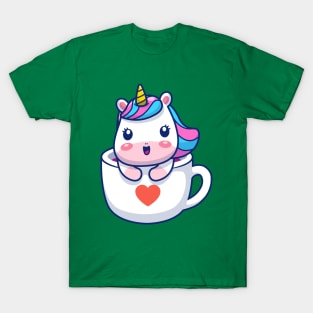 Cute Unicorn In Mug Heart Cartoon T-Shirt